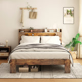 Bed Frame Queen Size, Wood Platform Bed Frame with Storage LED Light Headboard and 2 USB , Noise Free,No Box Spring Needed and Easy Assembly Tool,Large Under Bed Storage,Dark Brown