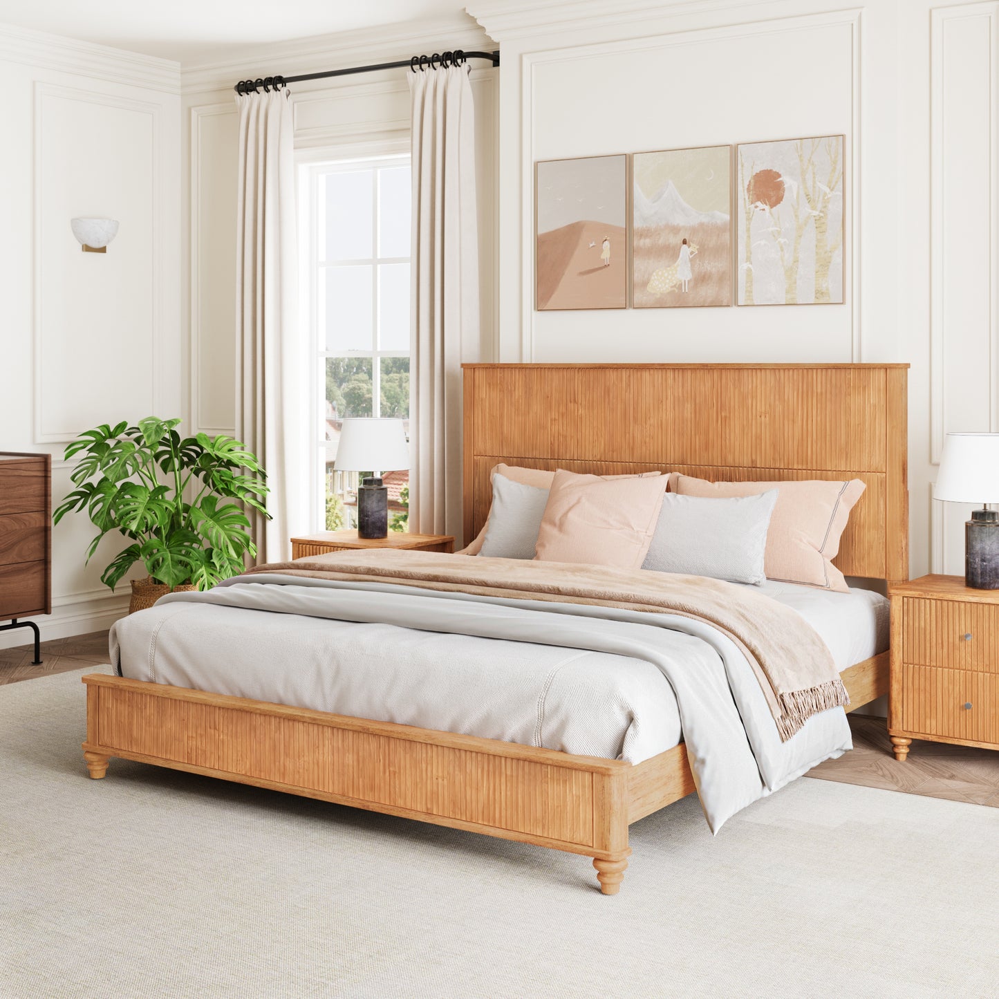 Solid Wood Bed Frame,King Platform Bed Frame with Headboard,Tall Headboard Natural Wood Bed ,No Box Spring Needed,Natural