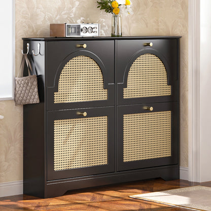 Mid-Century Narrow Design Tipping Bucket Shoe Cabinet with 4 Flip Drawers, Elegant Entryway Shoe Organizer with 4 Rattan Doors, Freestanding Shoe Rack with 2 Silvery Hooks for Hallway, Black, 42.1'W
