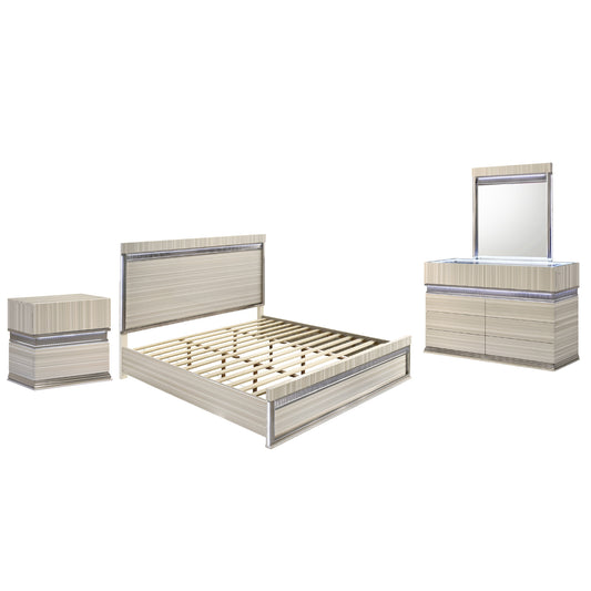 Leonor Modern King 4-Piece Bedroom Set in Gray Finish with LED Headboard, Dresser, Mirror and Nightstand, Contemporary Bedroom Furniture Set with Clean Linear Detailing