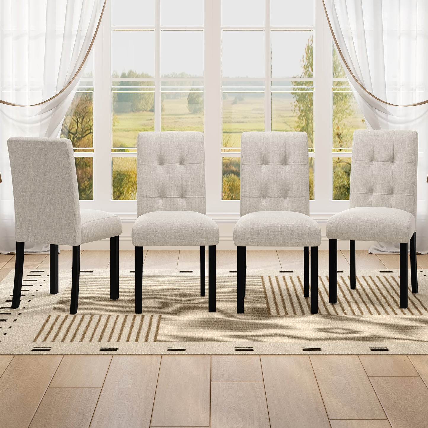 4 Piece Modern Tufted Dining Chair, Rustic Linen Upholstered with Black Rubber Wood Legs, Upholstered Accent Chair for Kitchen, Dining Room, Bedroo, Beige