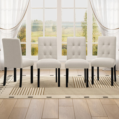 4 Piece Modern Tufted Dining Chair, Rustic Linen Upholstered with Black Rubber Wood Legs, Upholstered Accent Chair for Kitchen, Dining Room, Bedroo, Beige