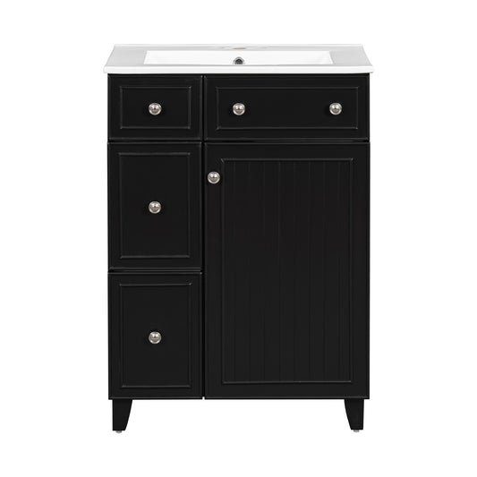 Transitional Bathroom Vanity Cabinet with Ceramic Sink, 24-Inch, Black, Solid Wood & MDF