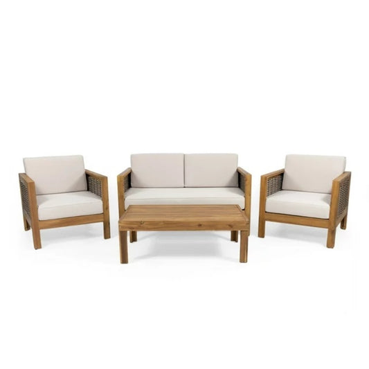 Outdoor 4 Seater Acacia Wood Chat Set with Wicker Accents and Cushions, Teak Finish + Mixed Brown + Beige