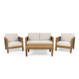 Outdoor 4 Seater Acacia Wood Chat Set with Wicker Accents and Cushions, Teak Finish + Mixed Brown + Beige