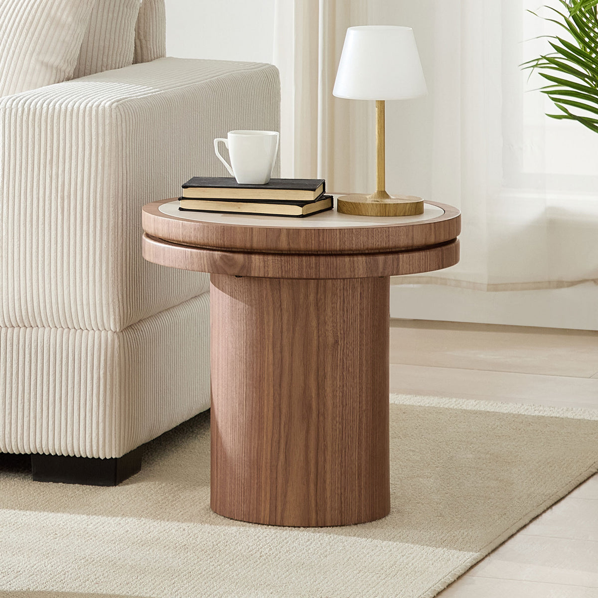 19.49 inch Round MDF Side Table Sintered Stone Tabletop for Living Room Bedroom WALNUT