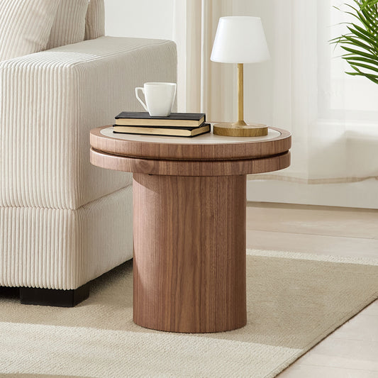 19.49 inch Round MDF Side Table Sintered Stone Tabletop for Living Room Bedroom WALNUT