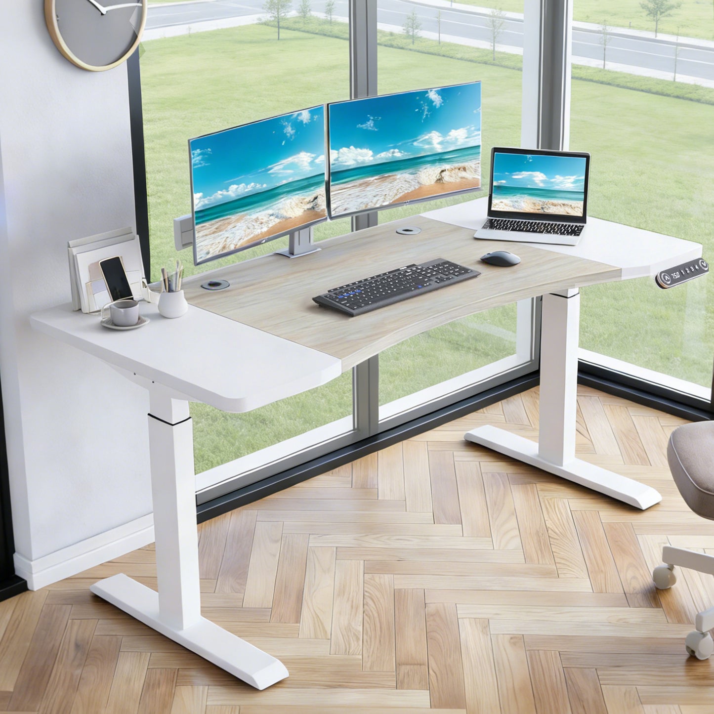 63'×30' Dual Motor Curve Design Height Adjustable Electric Standing Desk Height Stand Up Computer Desk,Sit and Stand Home Office Desk with Splice Board (white&oak desktop+dual motor white frame)