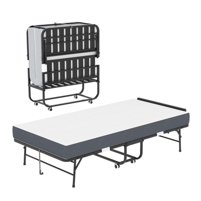 75' * 38' Folding Bed with Adjustable Headboard, 5' Memory Foam Rollaway Bed for Tall People, Heavy-Duty Portable Guest Bed on Wheels, Easy Assembly Twin Size Cot