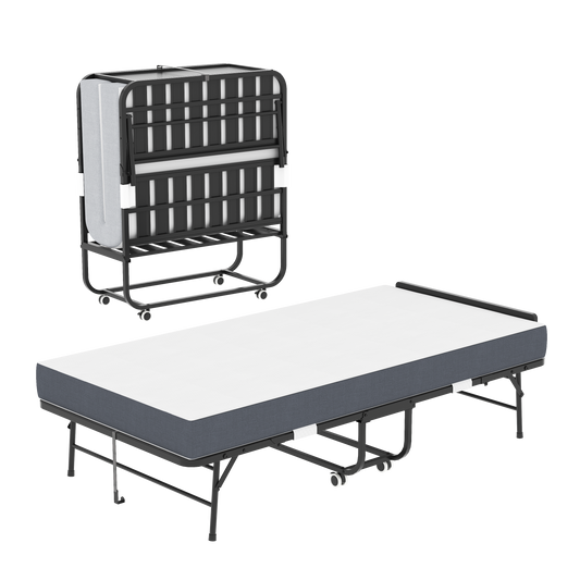 75' * 38' Folding Bed with Adjustable Headboard, 5' Memory Foam Rollaway Bed for Tall People, Heavy-Duty Portable Guest Bed on Wheels, Easy Assembly Twin Size Cot