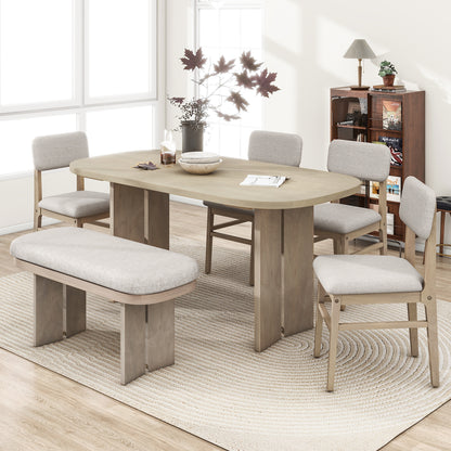 TOPMAX Solid Wood Dining Table Set with Bench - 6-Piece Upholstered Rectangular Dining Room Table Set with Bench, 2-Color Modern Farmhouse Kitchen Furniture for Family Gatherings,Natural