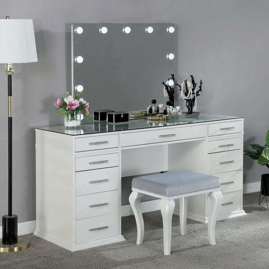 Glam Style 1pc Vanity w/ Padded Stool Set 8mm Glass Top Storage Drawers LED On Mirror Luminous White Finish Bedroom Furniture