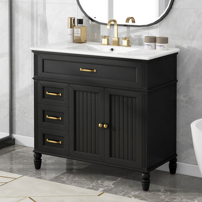 [Video] 36' Bathroom Vanity with Sink, Bathroom Cabinet with Drawers, Solid Frame and MDF Board, One Package, Black(same SKU: N725P195410B)