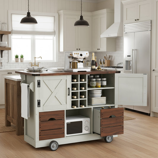 K&K 54' Farmhouse Kitchen Island with Drop Leaf, Power Outlet, Kitchen Storage Cart with 2 Doors, 2 Drawers, Rolling Kitchen Island on 4 Large Wheels with Spice Rack for Kitchen, Dining Room, White