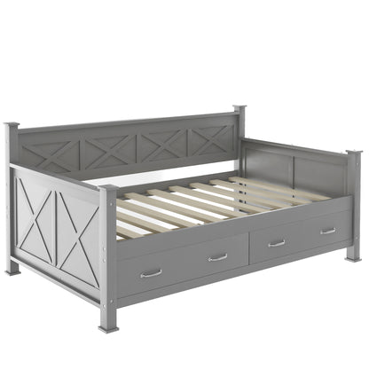 Modern Rustic Twin Daybed with 2 Large Drawers, Gray X-Shaped Frame, Solid Wood and MDF Construction