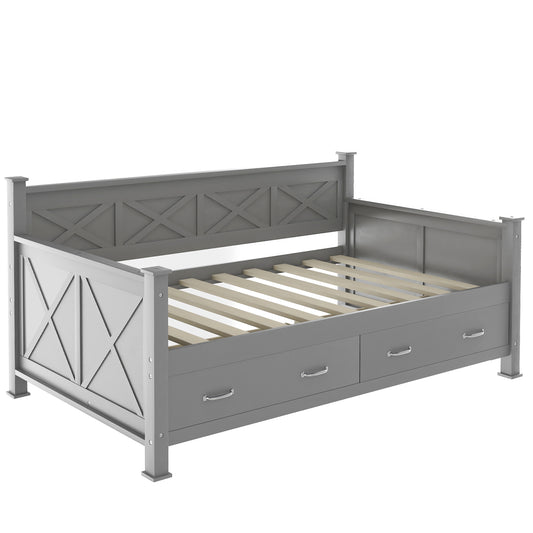 Modern Rustic Twin Daybed with 2 Large Drawers, Gray X-Shaped Frame, Solid Wood and MDF Construction