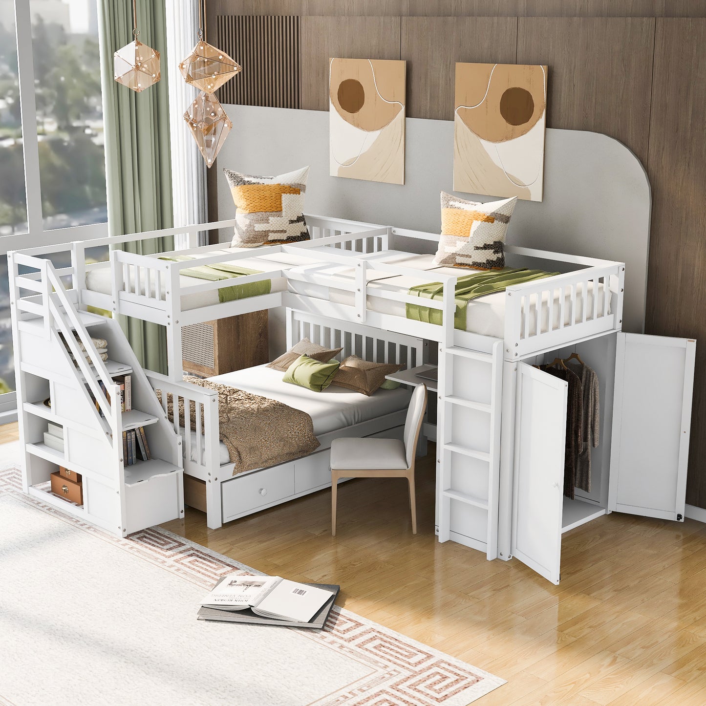 Twin-Twin over Full L-Shaped Bunk Bed With 3 Drawers, Portable Desk and Wardrobe, White(OLD SKU:LT100542AAK)
