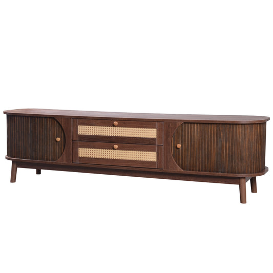 Modern Farmhouse Rattan TV Stand for TVs up to 75'', Natural Wood and Brown Solid Wood Legs, MDF Cabinet with Rattan Drawers and Sliding Doors, 66.93'' L Living Room Entertainment Console