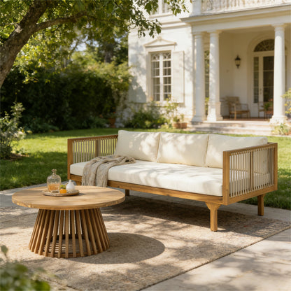 2-Piece Outdoor Patio Set: Sofa with Beige Cushions & Light Brown Rope Back + Round Acacia Wood Coffee Table, Teak Finish, Water Repellent, 600 lbs Sofa Capacity