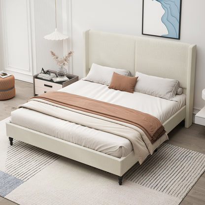 King Size Bed Frame with 55.5'High Back Upholstered Headboard,Boucle Fabric12 Slat Support,Thickened Side Panels,Solid Wood Feet,No Box Spring Needed(Beige)