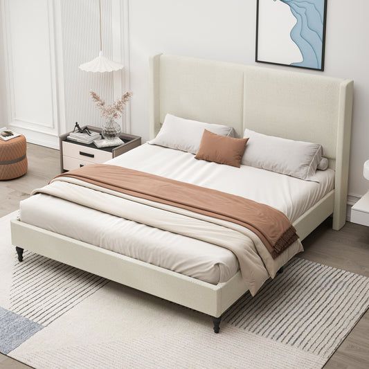 King Size Bed Frame with 55.5'High Back Upholstered Headboard,Boucle Fabric12 Slat Support,Thickened Side Panels,Solid Wood Feet,No Box Spring Needed(Beige)