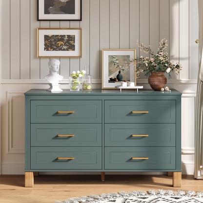 6-Drawer Double Dresser in Green, Modern Storage Cabinet with Metal Handles & Solid Wood Legs, Dresser Drawer Organizer for Kids Bedroom, Heavy-Duty Wooden Dresser with Pre-Installed