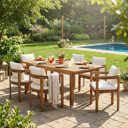 7 Pieces Acacia Wood Outdoor Dining Set with Cream Cushions,Modern 6 Chairs  1 Large Table,Dining Furniture Set for Lawn, Backyard, Garden Deck,Poolside,Teak