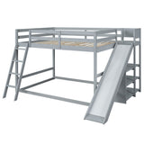 Gray Full Over Full Bunk Bed with Ladder, Slide, and Shelves - Pine Wood & MDF, 95.5''L x 76.7''W x 58.3''H
