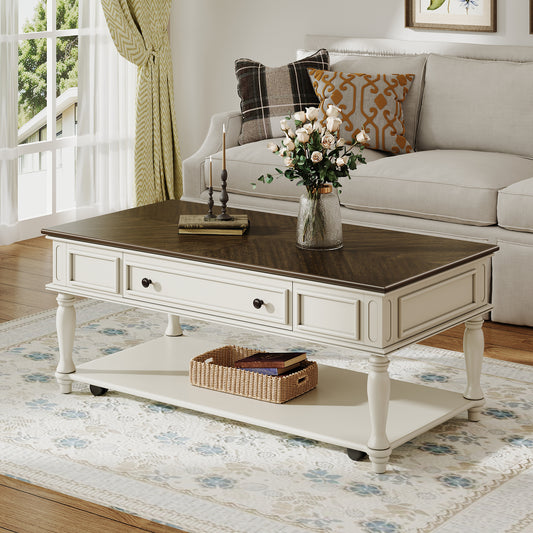 Farmhouse Coffee Table with One Drawer, Easy Assembly, Retro Movable Rectangular Cocktail Table with Lockable Wheels, Country Style Center Table with Solid Wood Legs for Living Room, Grey+White