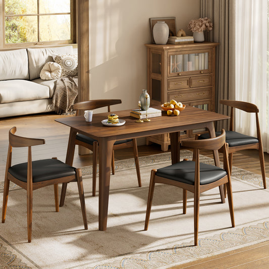 [Video] 5-Piece Dining Set 1 Table 4 Chairs, Rubberwood Frame, Premium Faux Leather, Ergonomic Backrest, Retro - Elegant for Kitchen & Family Dining, Walnut+Black