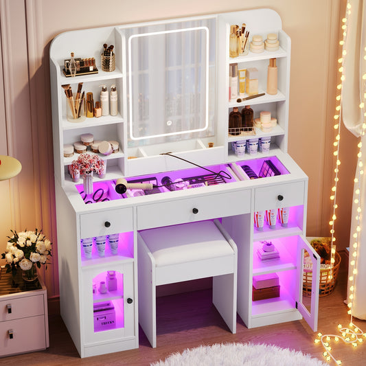 43.2' Vanity Desk with LED Mirror and Lights, Glass Top Vanity with RGB Glass Light Cabinets, Dressing Table with 3 Drawers ,Storage Shelves and Stool for Bedroom, White