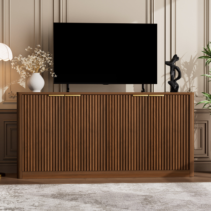 59-inch modern wavy sideboard, curved contour design storage cabinet, 4-door cabinet with storage function, suitable for kitchen/bedroom/living room, Walnut, 59.0'L x 15.7'W x 27.7'H