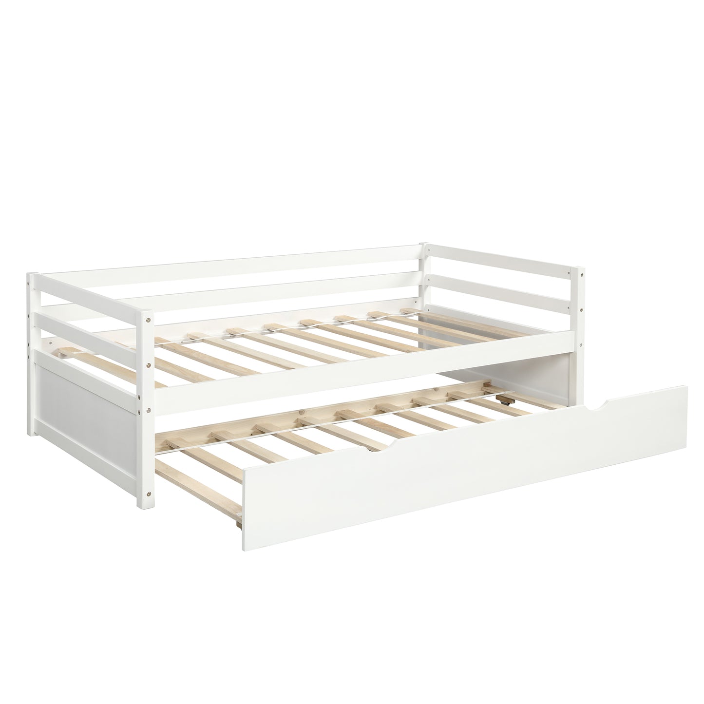 White Twin Daybed with Trundle Frame Set, Pine Wood and MDF, 76''L x 41.7''W x 25.9''H