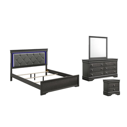 Blaze Upholstered Modern Style 4 Pc Queen Bedroom Set with LED Headboard in Metallic Gray Wood