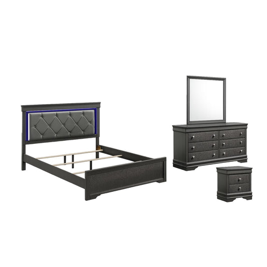 Blaze Upholstered Modern Style 4 Pc Queen Bedroom Set with LED Headboard in Metallic Gray Wood