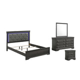 Blaze Upholstered Modern Style 4 Pc Queen Bedroom Set with LED Headboard in Metallic Gray Wood