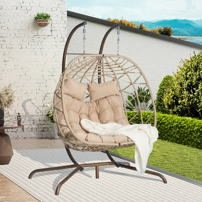 Double Egg Chair with Stand Hanging Indoor Outdoor Wicker Rattan Patio Basket Egg Swing Chair Hammock Egg Chairs with UV Resistant Cushions 600 lbs for Bedroom Balcony Patio