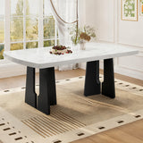 63' Modern Faux Marble Dining Table - Black/White Marble Top with Sturdy Geometric Legs, Stylish Kitchen & Dining Room Table for Home, Apartment, Office, Easy to Assemble, White+Black