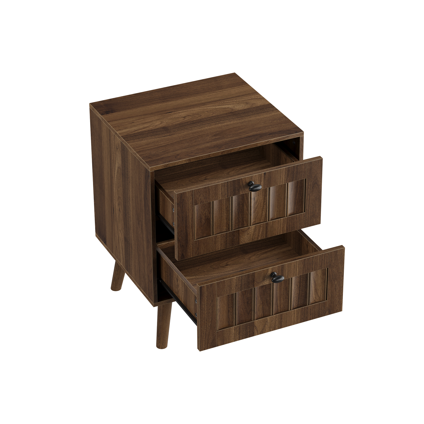 Medieval-style modern double-drawer bedside table with solid wood legs, walnut color, 15.75 x 15.75 x 22.64 inches, 2-pack