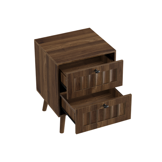 Medieval-style modern double-drawer bedside table with solid wood legs, walnut color, 15.75 x 15.75 x 22.64 inches, 2-pack