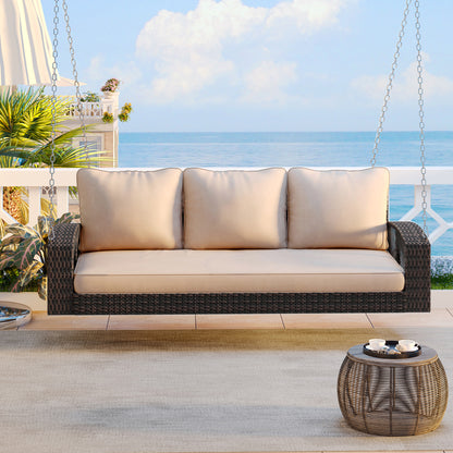 GO 69' PE Wicker 3-Person Porch Swing with Chains, Large Patio Swing Bench with Cushions for Backyard, Garden, and Poolside, Brown