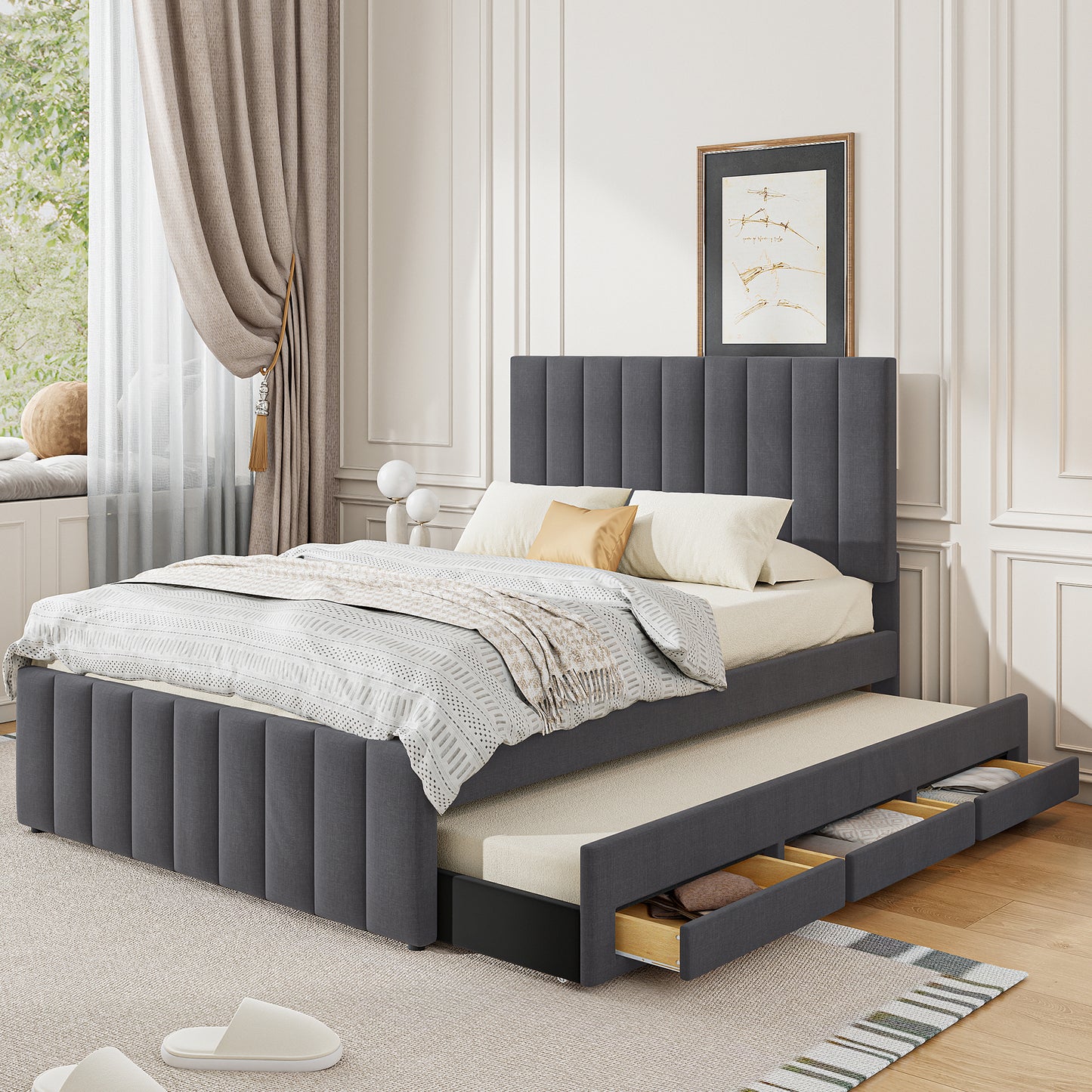 Full Size Upholstered Platform Bed with Twin Size Trundle and 3 Drawers, Linen Fabric, Gray