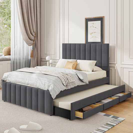 Full Size Upholstered Platform Bed with Twin Size Trundle and 3 Drawers, Linen Fabric, Gray