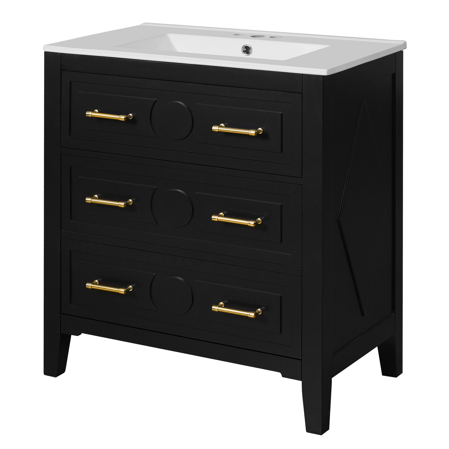 Retro Black Bathroom Vanity with Ceramic Sink, 3-Drawer Solid Wood Frame Cabinet, 30'' Free Standing Storage Unit