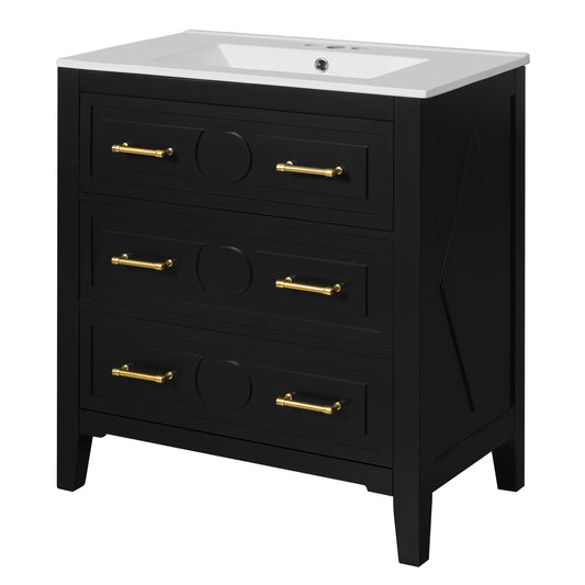 Retro Black Bathroom Vanity with Ceramic Sink, 3-Drawer Solid Wood Frame Cabinet, 30'' Free Standing Storage Unit