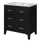 Retro Black Bathroom Vanity with Ceramic Sink, 3-Drawer Solid Wood Frame Cabinet, 30'' Free Standing Storage Unit