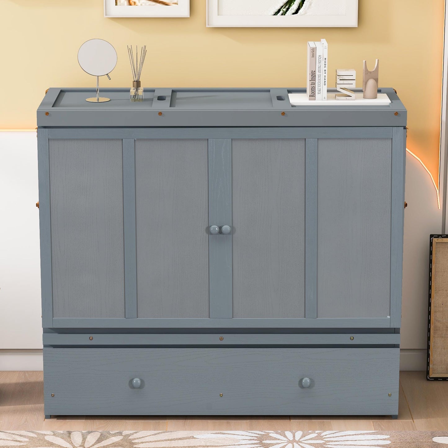 Full Size Murphy Bed with USB Port and a Large Drawer, Gray