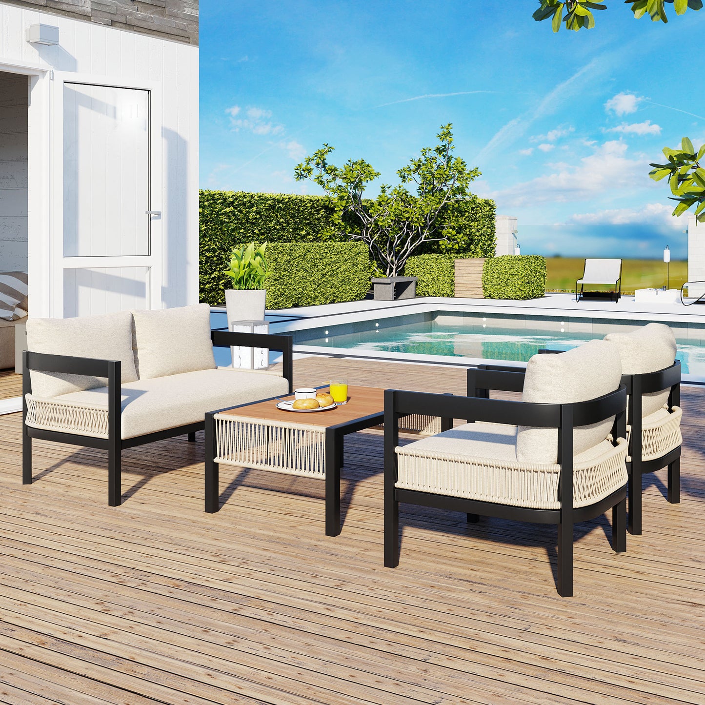 U_Style Multi-person Outdoor Iron Sofa Set with A table, Rattan Decoration, Waterproof, Rust-proof, Suitable for Garden, Lawn Use