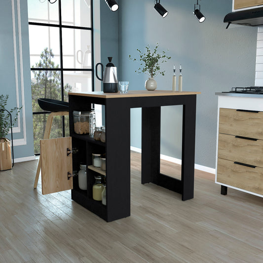 Kitchen Island 36' H, Three Open Side Storage Shelves and One Push-to-Open Cabinet,  Black / Natural Oak