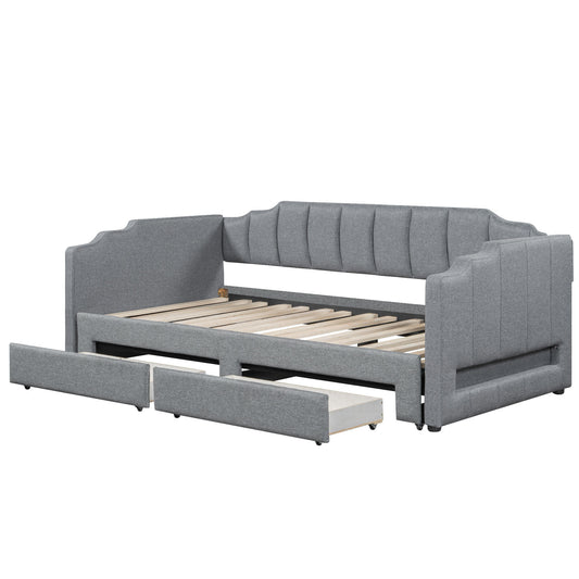 Gray Upholstered Extendable Daybed Twin XL to King with LED Light and Two Storage Drawers, Pine Wood + MDF Frame, Linen Fabric, 84.6''L x 96''W x 33''H